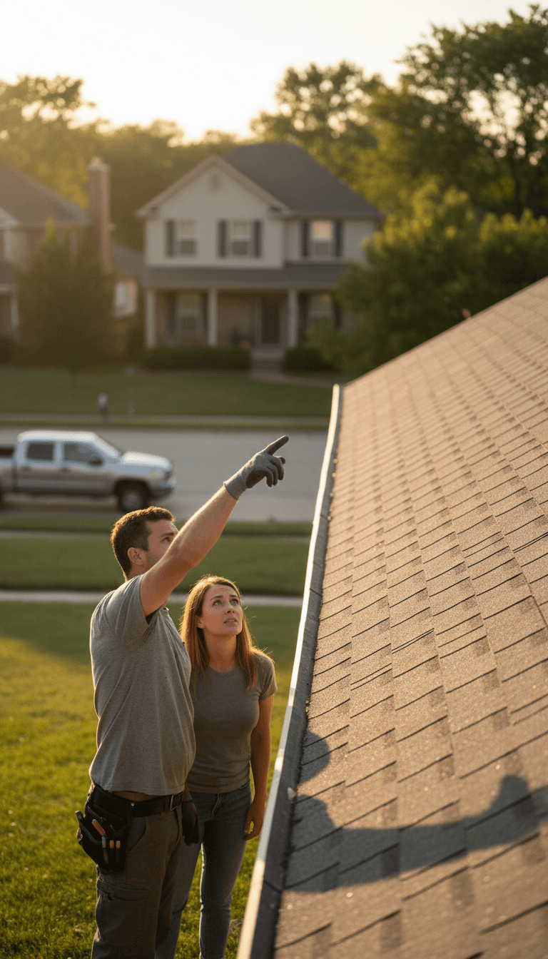 Roofing contractor inspecting shingles with a homeowner in Kansas City